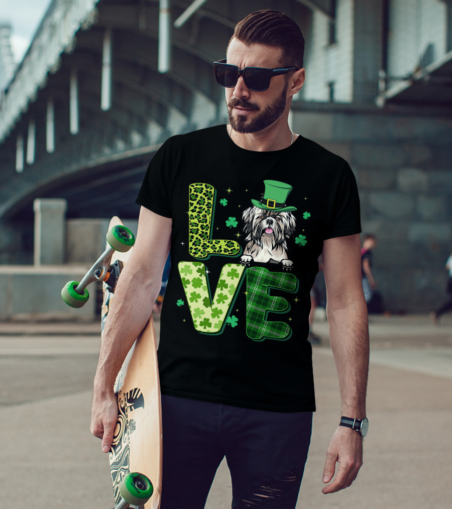 Love Shih Tzu Leopard Plaid Shamrock St Patrick's Day T-Shirt