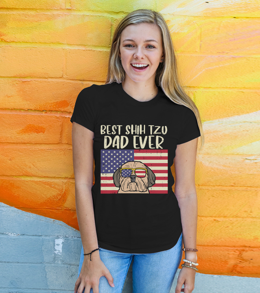 Best Shih Tzu Dad Ever US Flag Patriotic Dog Sunglasses T-Shirt
