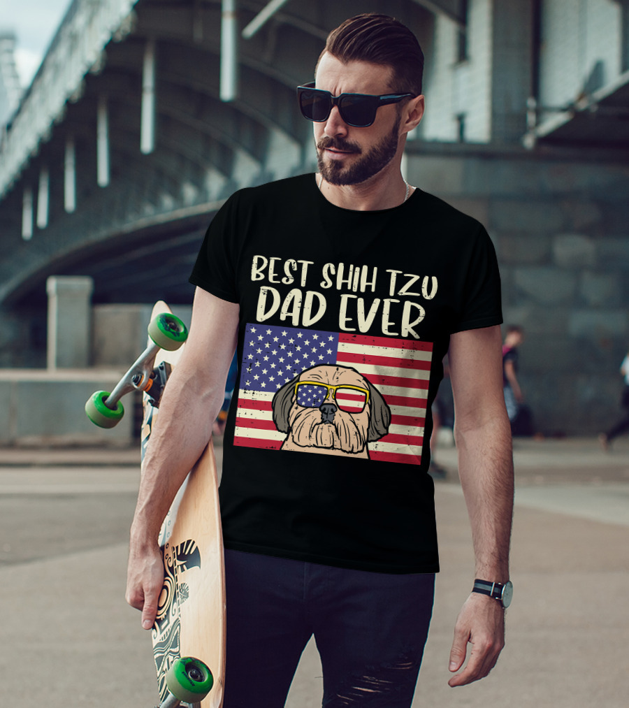 Best Shih Tzu Dad Ever US Flag Patriotic Dog Sunglasses T-Shirt