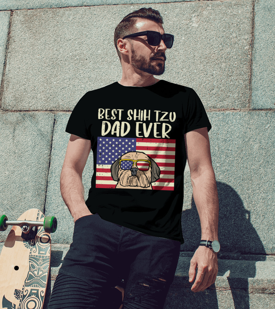 Best Shih Tzu Dad Ever US Flag Patriotic Dog Sunglasses T-Shirt