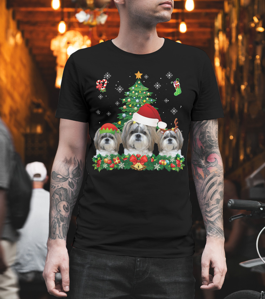 Merry Dogmas Shih Tzu Santa Elf Reindeer Christmas Tree T-Shirt