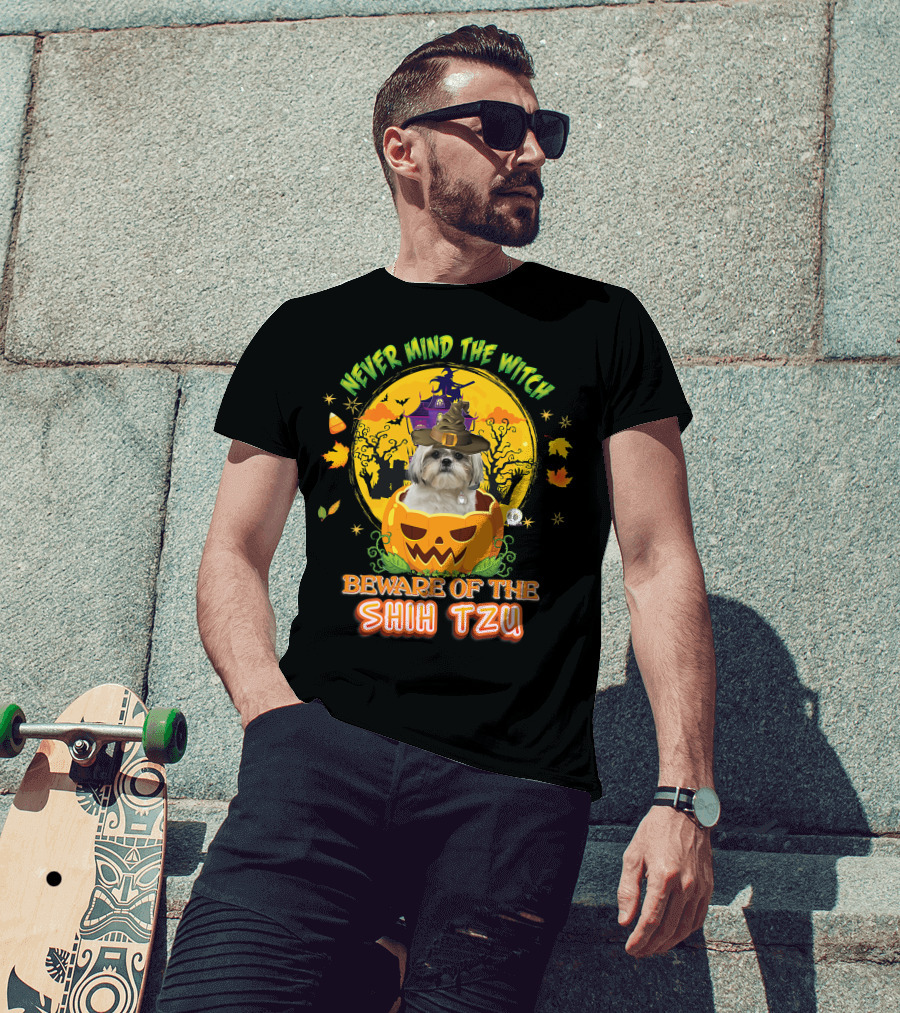 Never Mind The Witch Beware Of The Shih Tzu Halloween Pumpkin Dog With Witch Hat T-Shirt