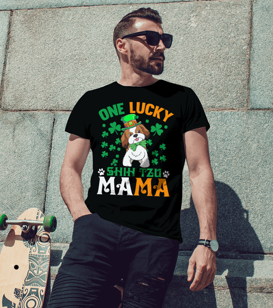 One Lucky Shih Tzu Mama St Patricks Day Green Hat Shamrocks T-Shirt