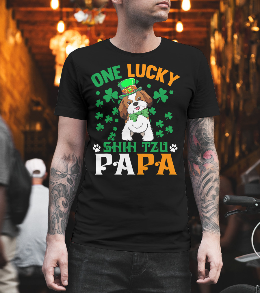 One Lucky Shih Tzu Papa St Patricks Day Dog Hat Clover T-Shirt