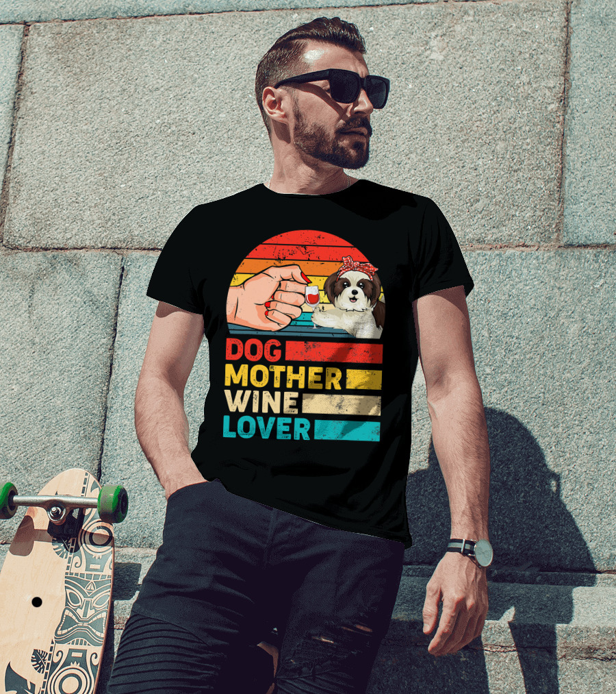 Dog Mother Wine Lover Shih Tzu Retro T-Shirt