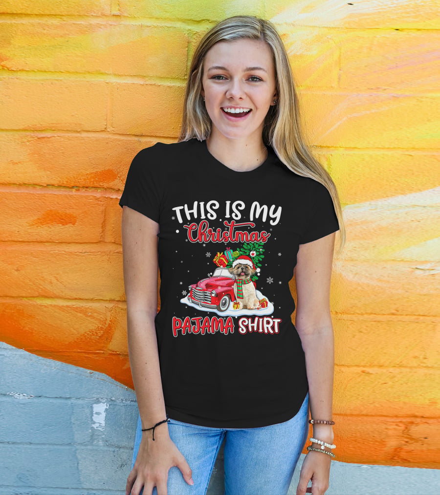 Retro Christmas Pajama Shih Tzu Santa Hat Presents Vintage Car T-Shirt