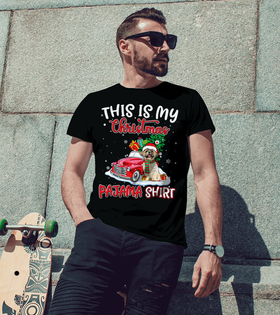 Retro Christmas Pajama Shih Tzu Santa Hat Presents Vintage Car T-Shirt