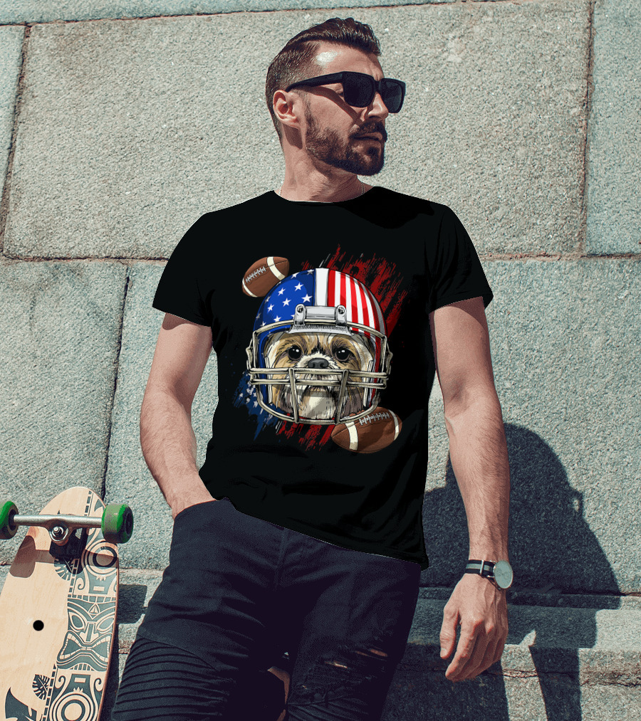 Shih Tzu In American Football Helmet With USA Flag And Footballs T-Shirt