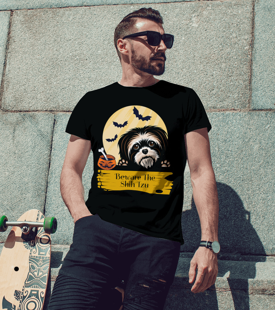 Beware The Shih Tzu Halloween Bats Moon Pumpkin T-Shirt