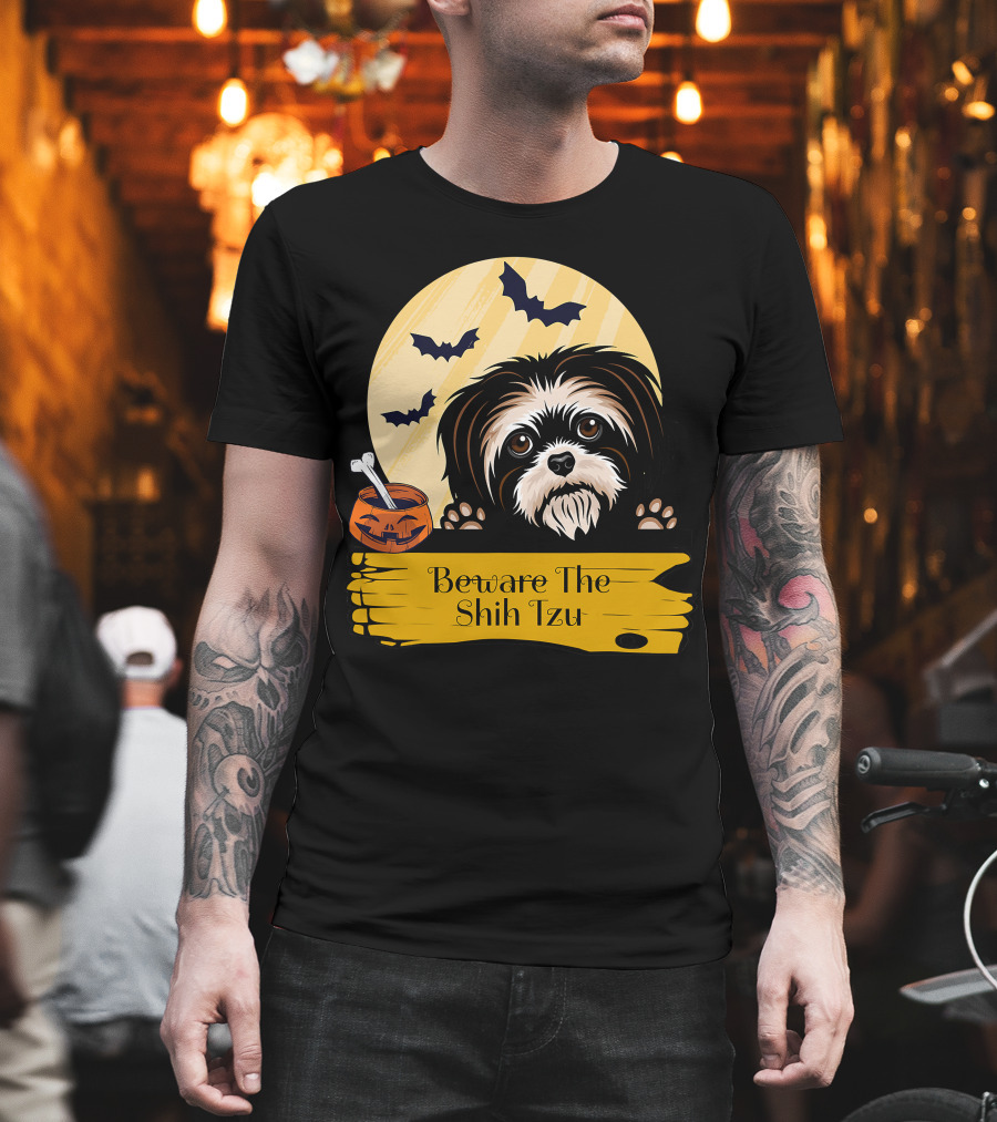 Beware The Shih Tzu Halloween Bats Moon Pumpkin T-Shirt