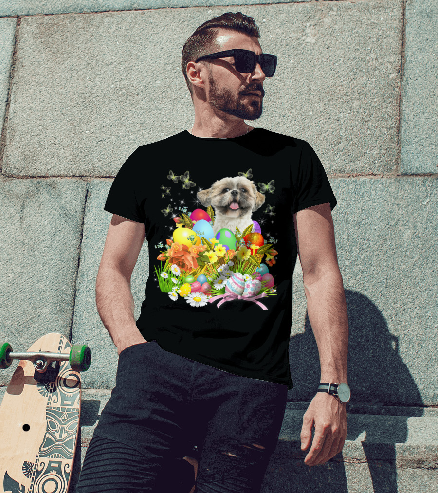 Shih Tzu Bunny Dog With Easter Eggs And Floral Basket T-Shirt
