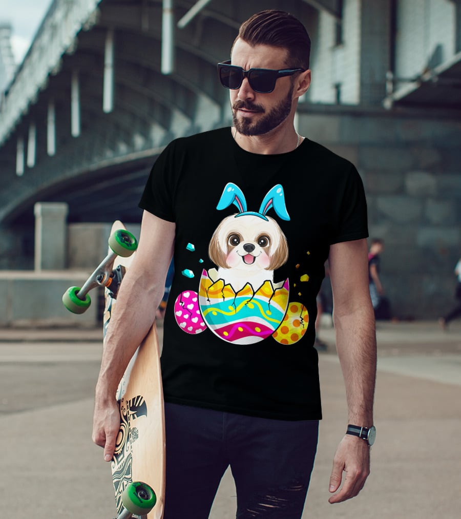 Shih Tzu Bunny Ears Easter Day Cute Dog Dad With Colorful Eggs T-Shirt