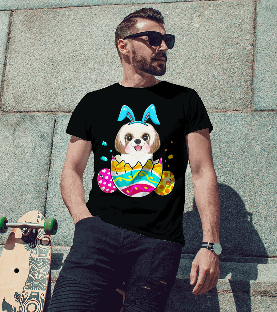 Shih Tzu Bunny Ears Easter Day Cute Dog Dad With Colorful Eggs T-Shirt