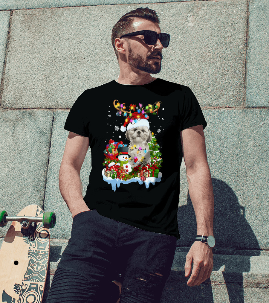 Shih Tzu Christmas Santa Hat Reindeer Antlers Lights Snowman Gifts Tree T-Shirt