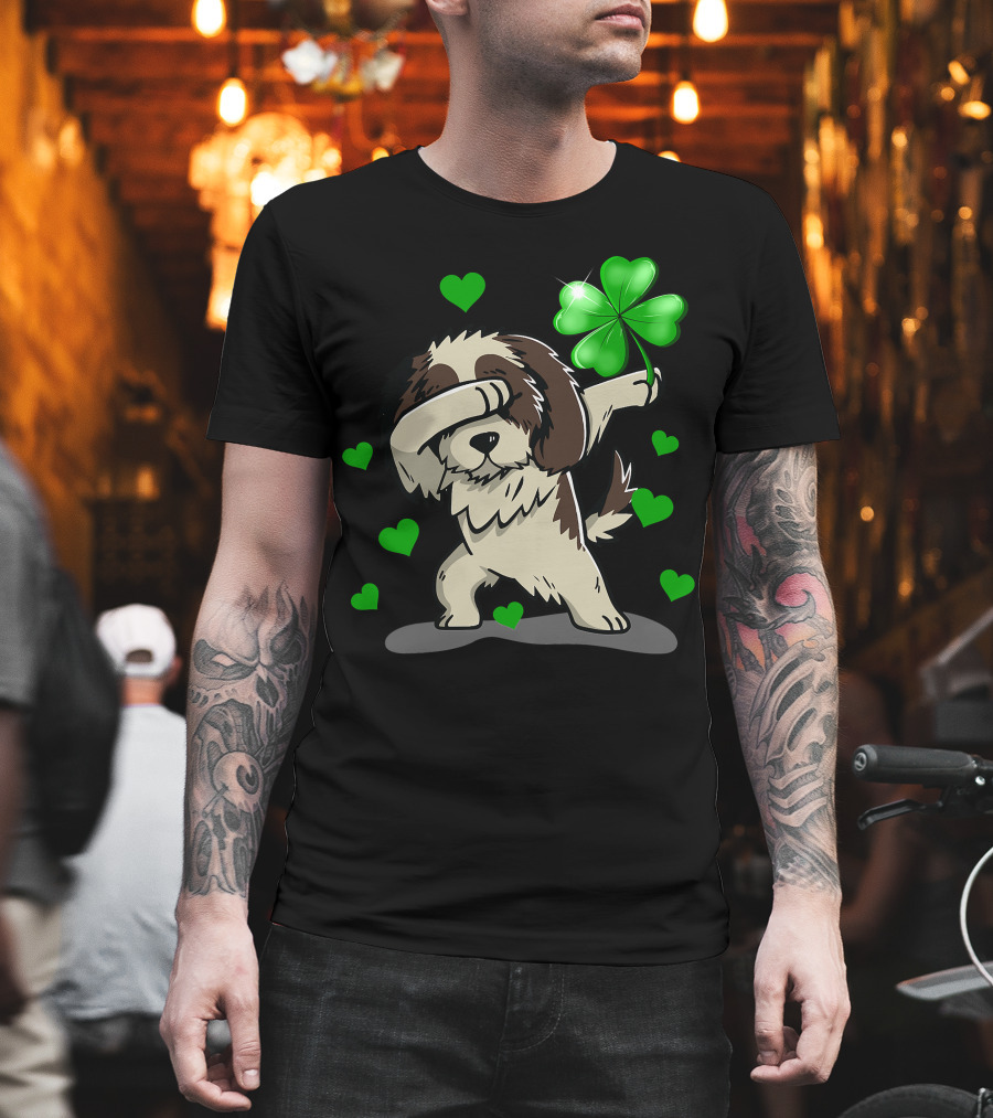 Shih Tzu Dabbing with Green Shamrock and Hearts T-Shirt