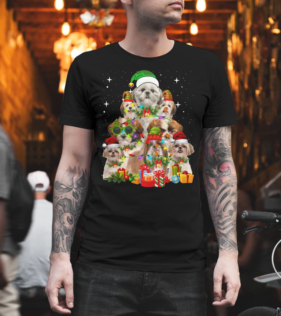 Shih Tzu Dog Christmas Tree With Presents And Santa Hats T-Shirt
