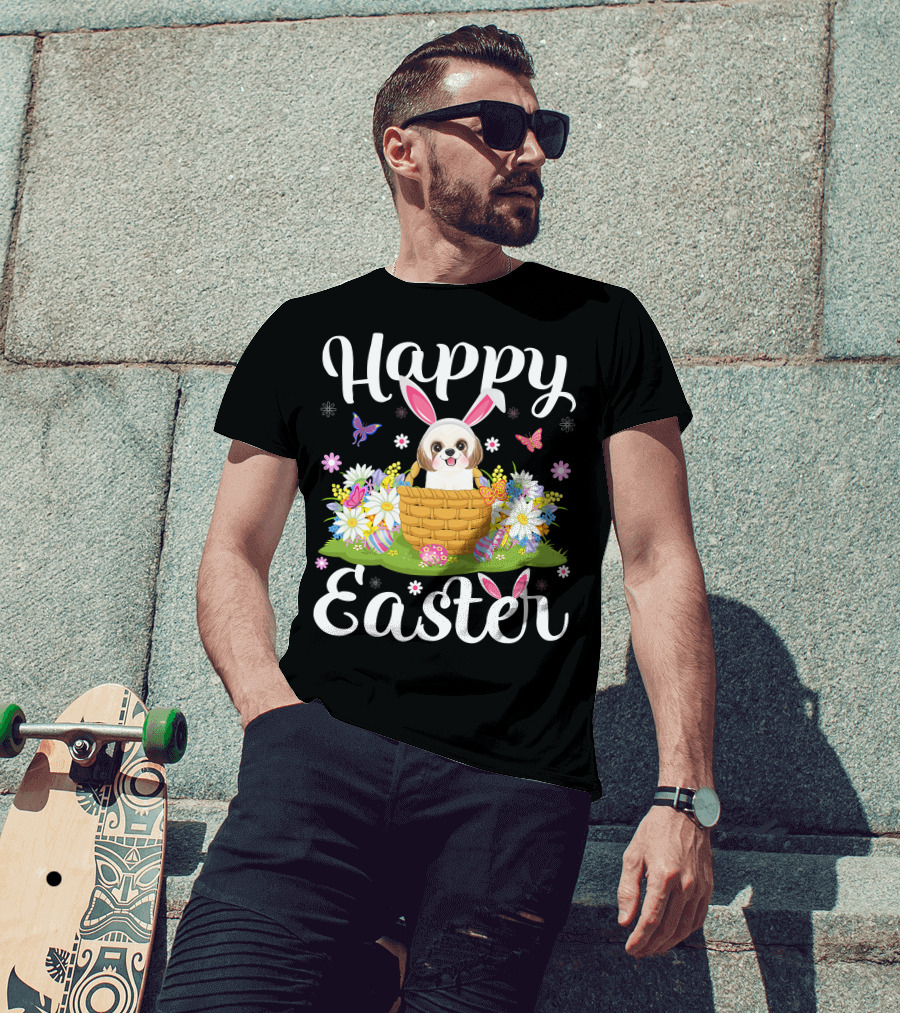 Shih Tzu Dog With Bunny Ears In Easter Egg Basket With Flowers And Butterflies T-Shirt