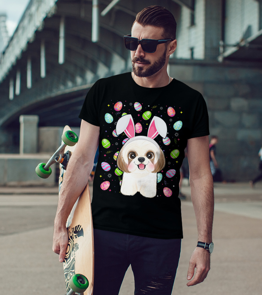 Shih Tzu Dog With Easter Eggs And Bunny Ears Funny Easter Lover Image T-Shirt