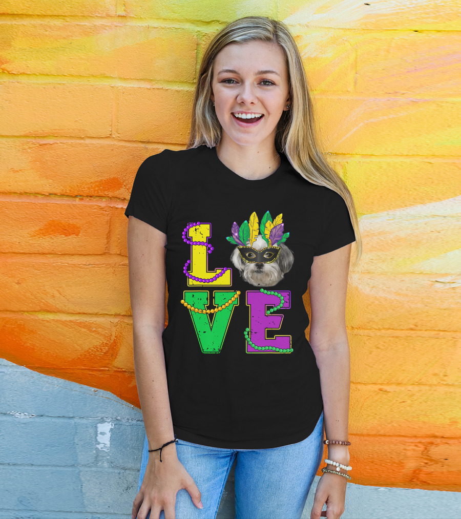 Shih Tzu Puppy Love Mardi Gras Beads Mask T-Shirt