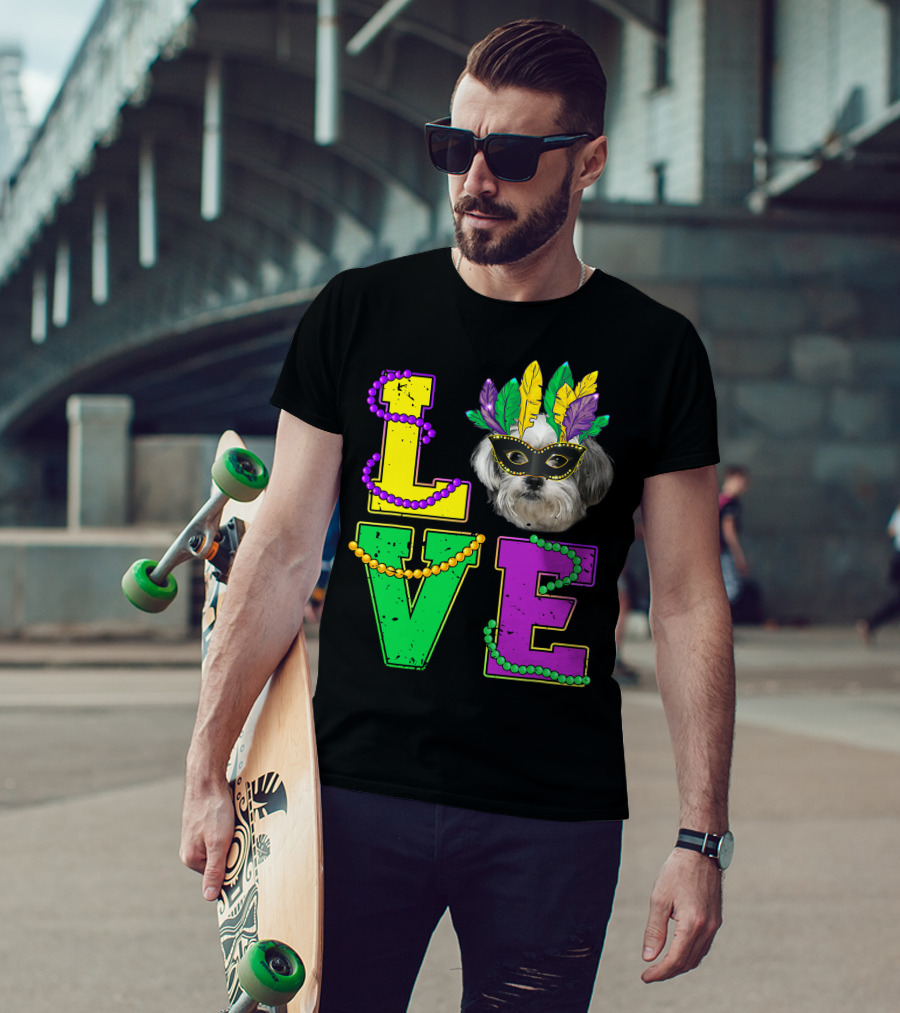 Shih Tzu Puppy Love Mardi Gras Beads Mask T-Shirt