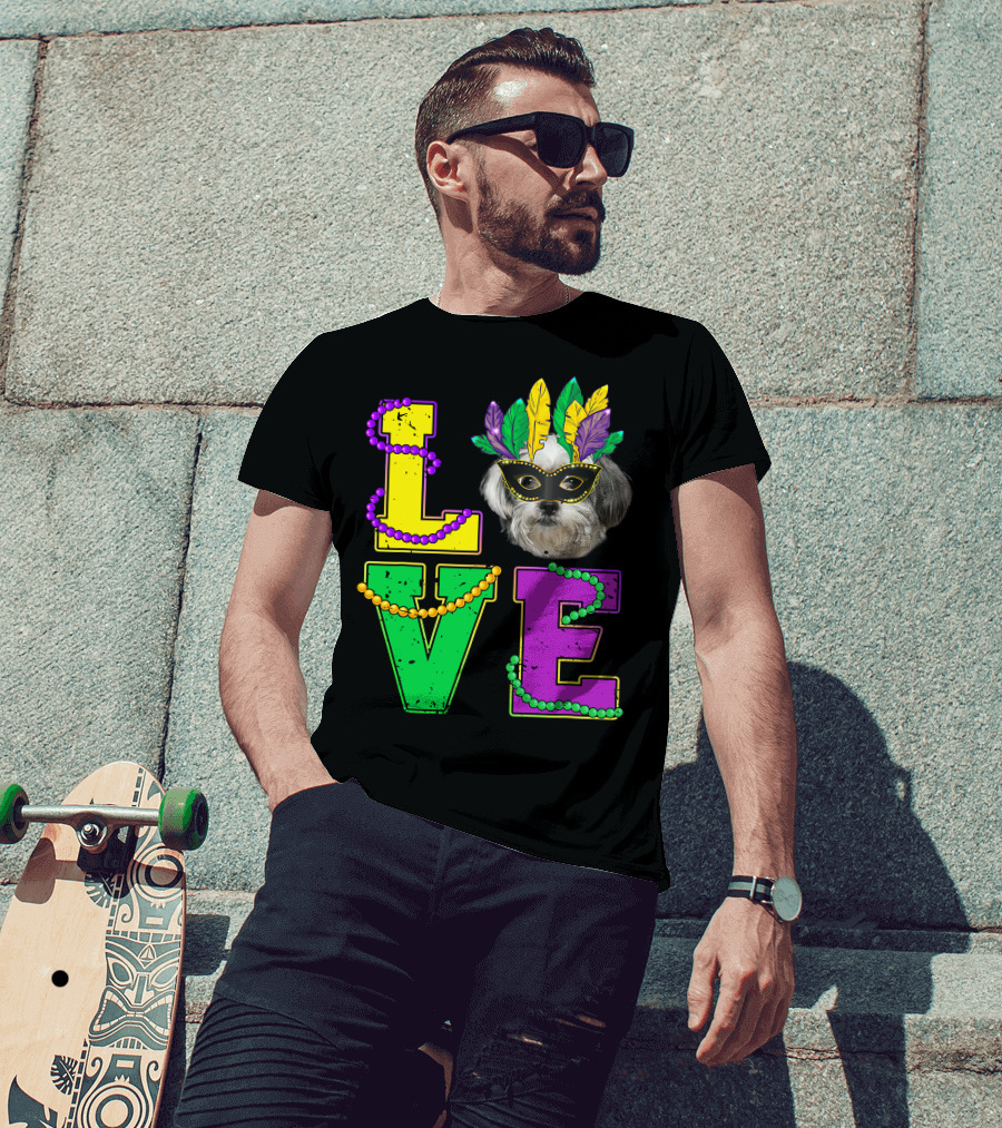 Shih Tzu Puppy Love Mardi Gras Beads Mask T-Shirt