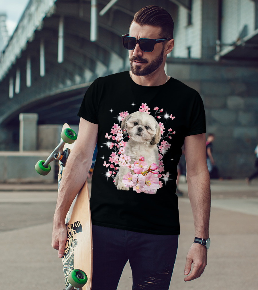 Shih Tzu Dog Sakura Japanese Cherry Blossom T-Shirt
