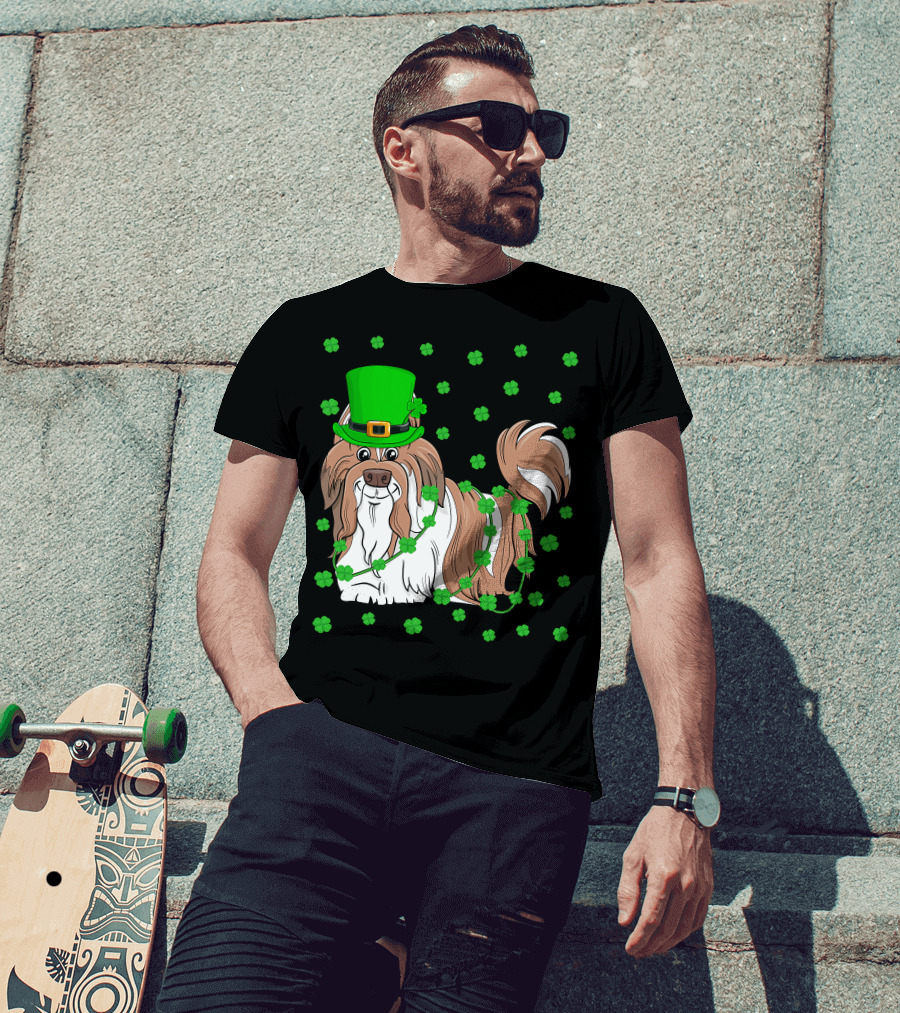 Shih Tzu Dog Lover St. Patrick's Day Leprechaun Hat And Clover T-Shirt
