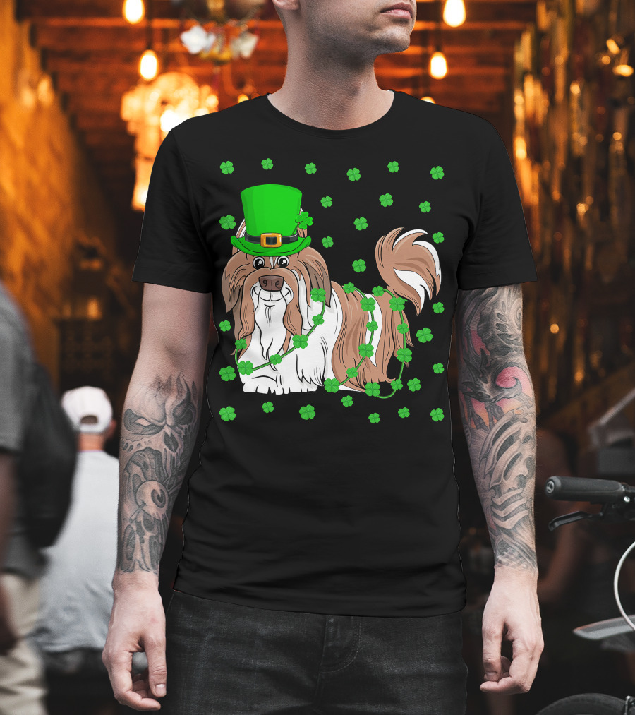 Shih Tzu Dog Lover St. Patrick's Day Leprechaun Hat and Clover T-Shirt