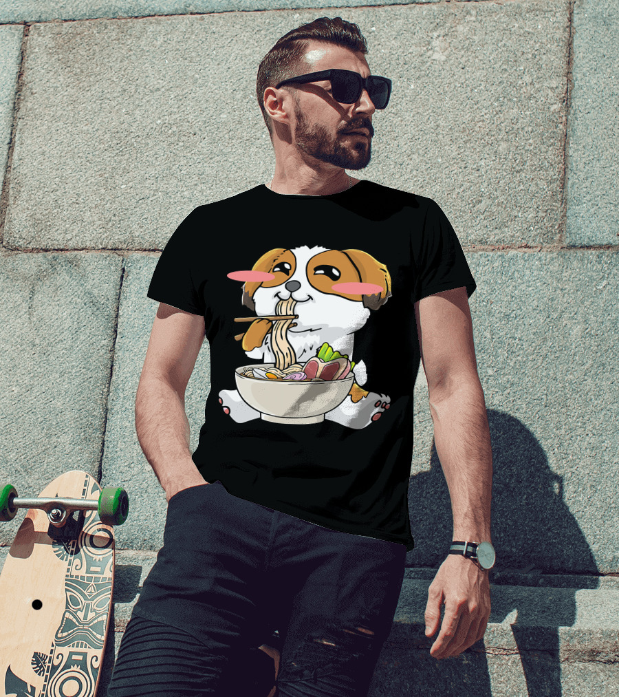 Shih Tzu Dog Enjoying Ramen Noodles With Kawaii Cute Blush Cheeks T-Shirt