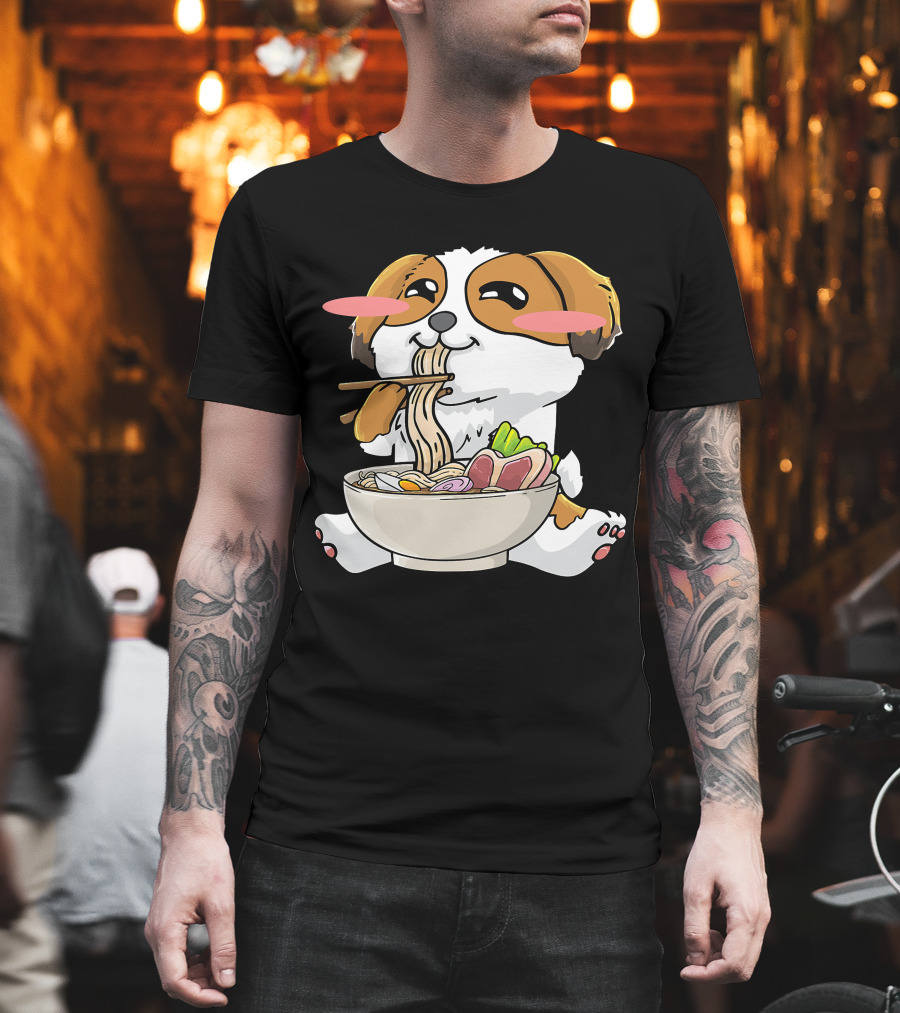 Shih Tzu Dog Enjoying Ramen Noodles With Kawaii Cute Blush Cheeks T-Shirt