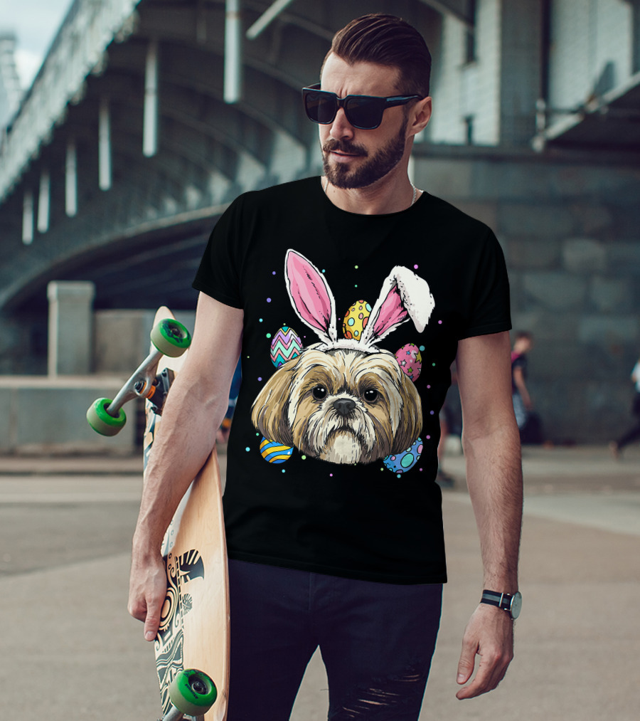 Shih Tzu Easter Bunny Dog Pet Owner Breeder Animal With Colorful Eggs T-Shirt