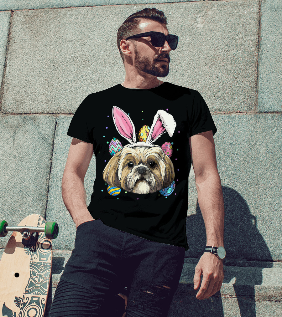 Shih Tzu Easter Bunny Dog Pet Owner Breeder Animal With Colorful Eggs T-Shirt