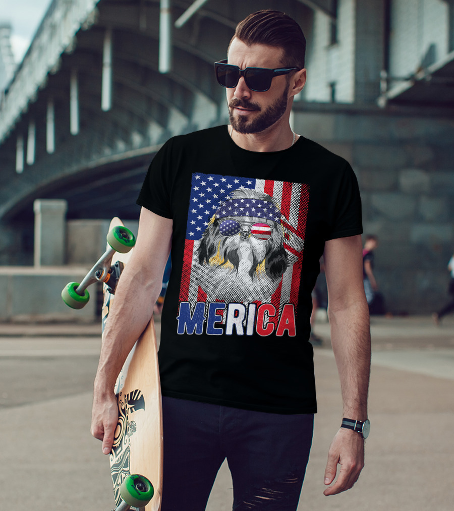 Shih Tzu Merica USA American Flag Patriotic Boys 4 Glasses Headband Stars Stripes T-Shirt