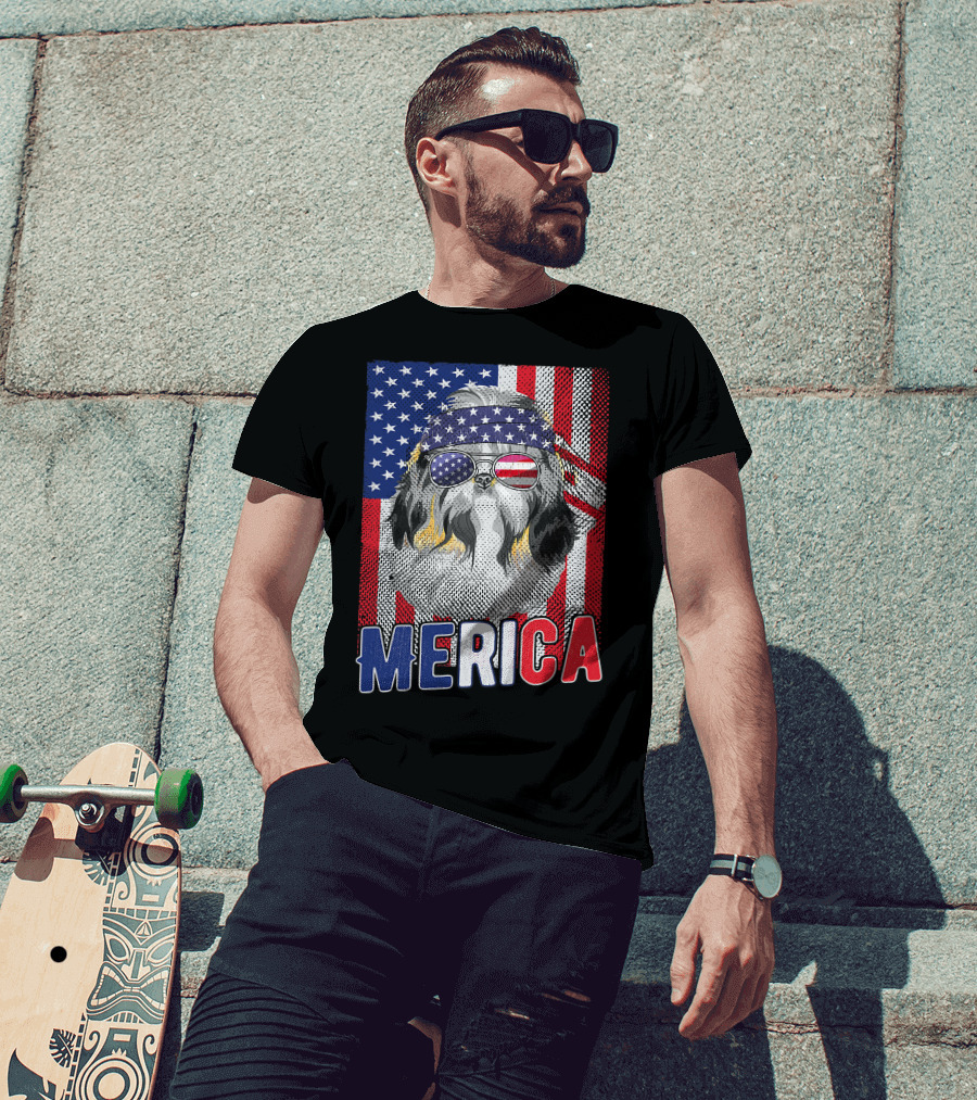 Shih Tzu Merica USA American Flag Patriotic Boys 4 Glasses Headband Stars Stripes T-Shirt