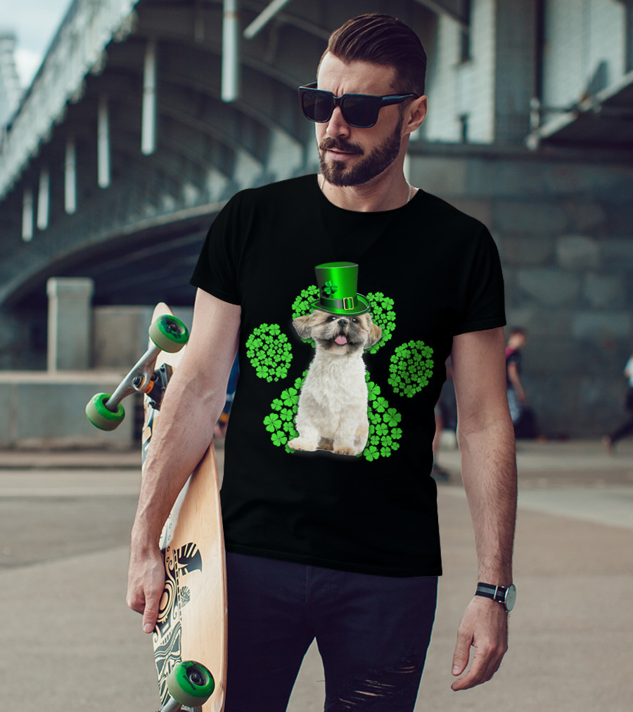 Shih Tzu With Shamrock Paw Prints And Green Hat For St Patrick's Day T-Shirt