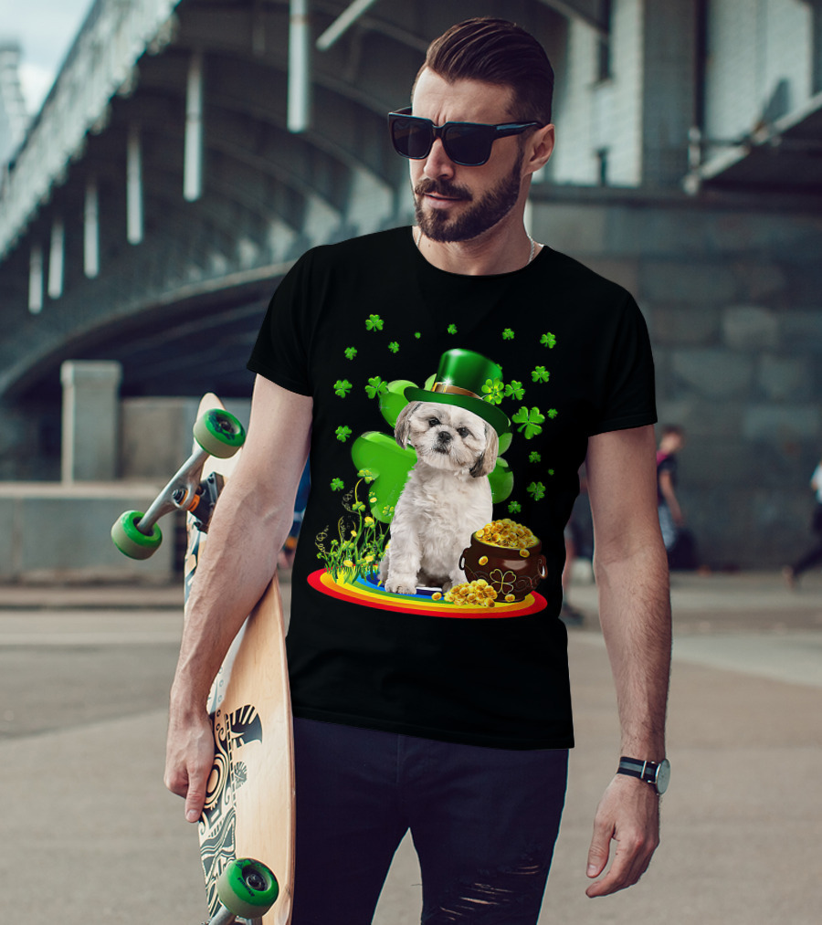 Shih Tzu Irish Shamrock St Patricks Day Lover With Pot Of Gold T-Shirt