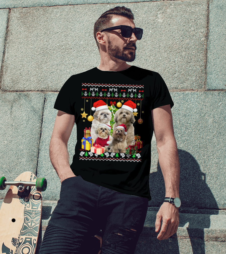 Shih Tzu Santa Hat Christmas Sweater Puppies And Presents T-Shirt