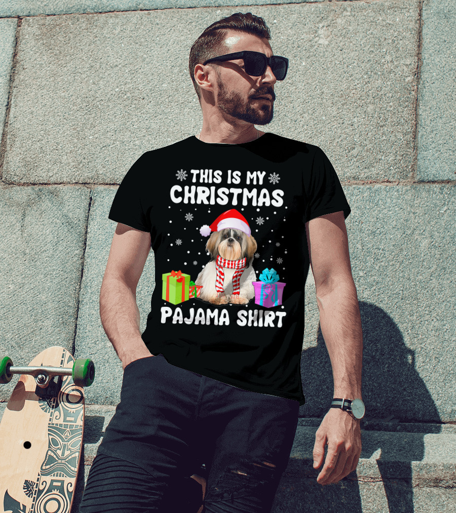 This Is My Christmas Shih Tzu Dog Pajama Puppy Love Santa Hat Presents T-Shirt